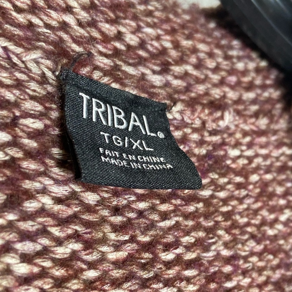 Tribal~Fringed~Cable Knit~Burgundy/Cream~Variegated~Sweater~Cardigan~Size TG/XL - Picture 2 of 16